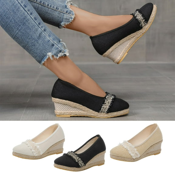 Cethrio Women's Espadrille Braided Sandals- 2025 Wide Width Slides Sandal Heel Wedge Heel Espadrille Black Dressy Sandals/ Slides Size 5.5