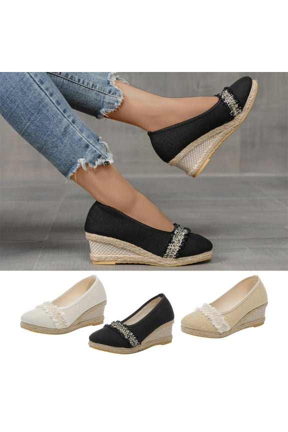 Women's Espadrille Braided Sandals- 2025 Wide Width Slides Sandal Heel Wedge Heel Espadrille Black Dressy Sandals/ Slides Size 5.5