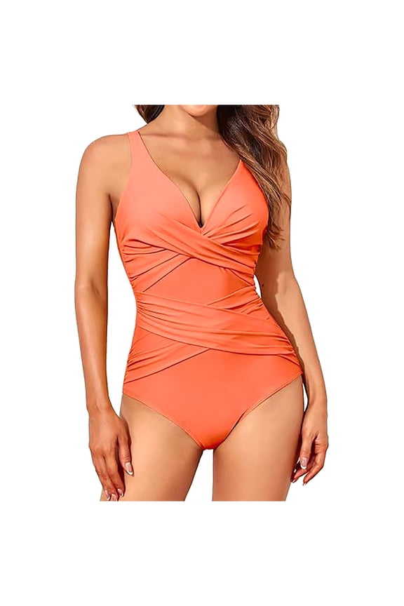 Women's One-Piece Swimsuits, V-Neck Sleeveless Sexy Bathing Suits Orange Size L