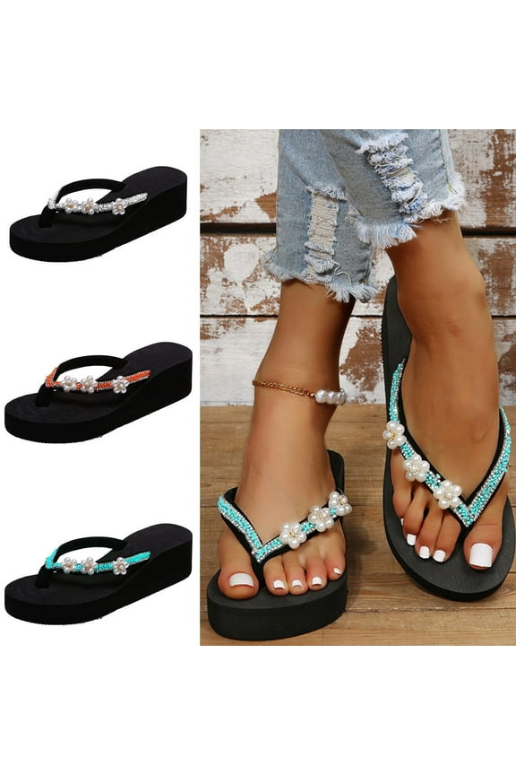 Women's Platform Footbed Sandals- 2025 Wide Width Slides Sandal with Rhinestone Open Toe Flip Flops Bow Platform Wedge Comfy Soles White Dressy Sandals/ Slides Size 7
