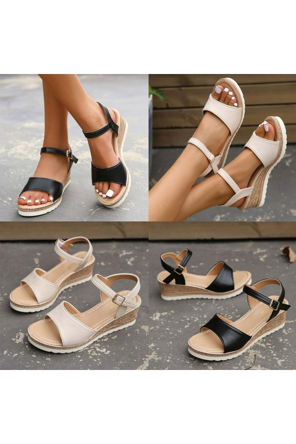 Women's Platform Footbed Sandals- Wide Width Open Toe Platform Wedge Buckle Buckle 2025 Beige Dressy Sandals/ Slides Size 7.5