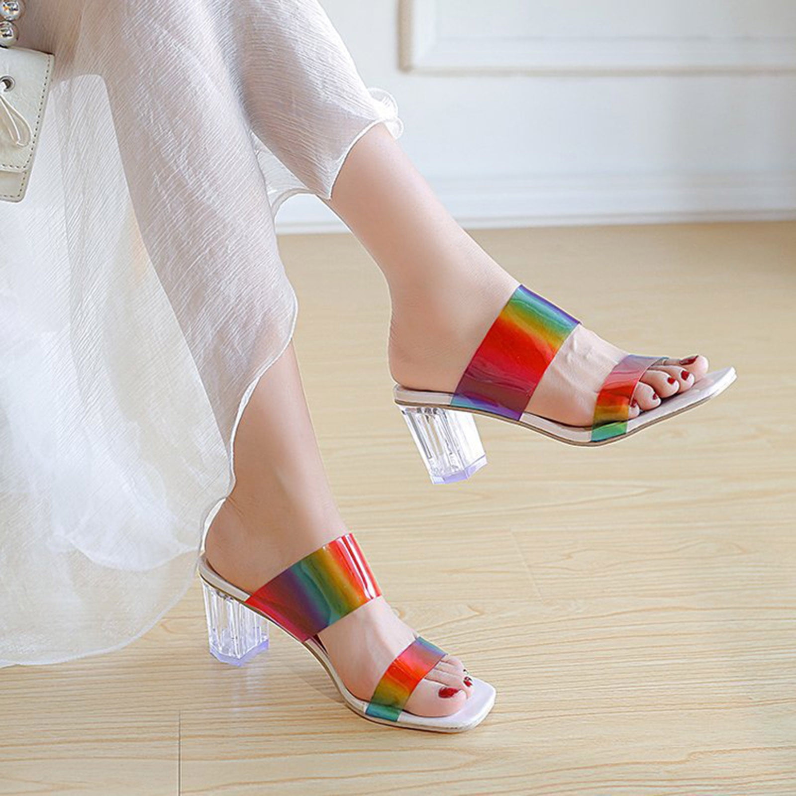 Cethrio Women s Strappy Block Heel Sandals with Pockets on Clearance Slides Sandal Open Toe Chunky Heel Wide Width Multicolor Dressy Sandals Slides Size 6.5 Walmart