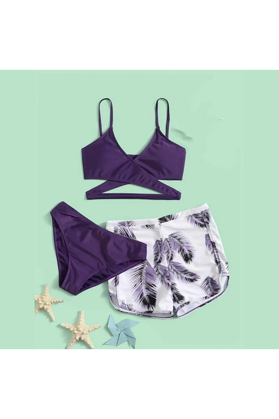 Womens Bikini Swimsuits 3-Piece , Printed Casual Quick Dry Bathing Suits Purple Size M