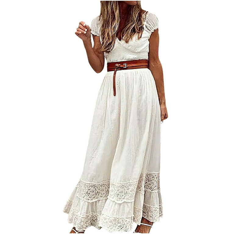 Cethrio Womens Dresses- Fashion Boho V-Neck Loose Short Sleeve Solid  Ankle-Length Dress+Belt White 