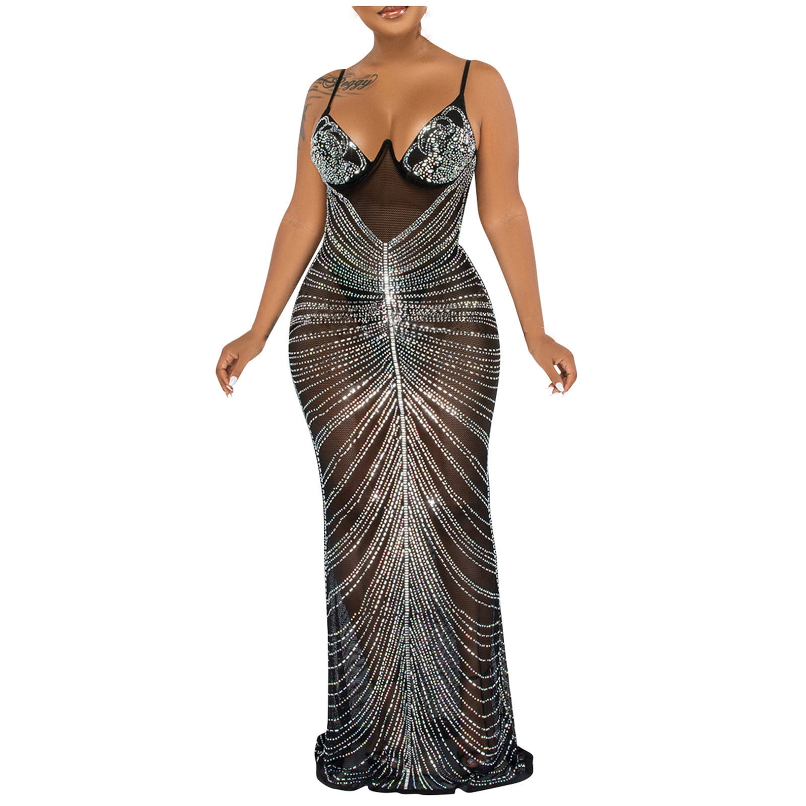 Cethrio Womens Dresses- Hot Diamond Sexy Sling Wrap Breast Mesh