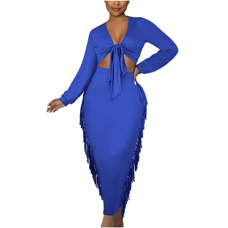 Cethrio Womens Dresses- Sexy Slim Fit Solid Long Sleeve Lace-Up Fringe  Dress Two Piece Blue 