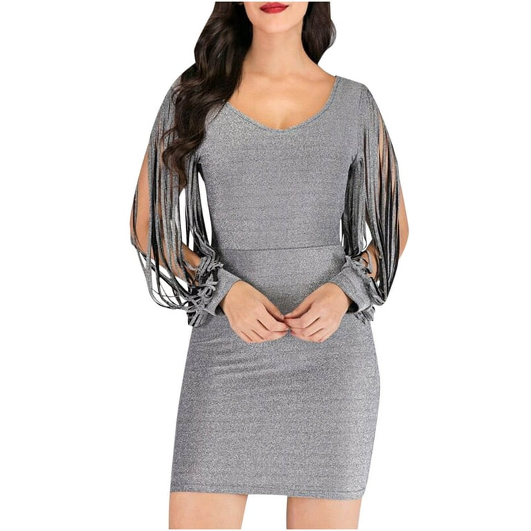 Cethrio Womens Dresses- Sexy V-Neck Solid Three Quarter Ladies Slim Mini  Hollow Out Shiny Dress Silver 