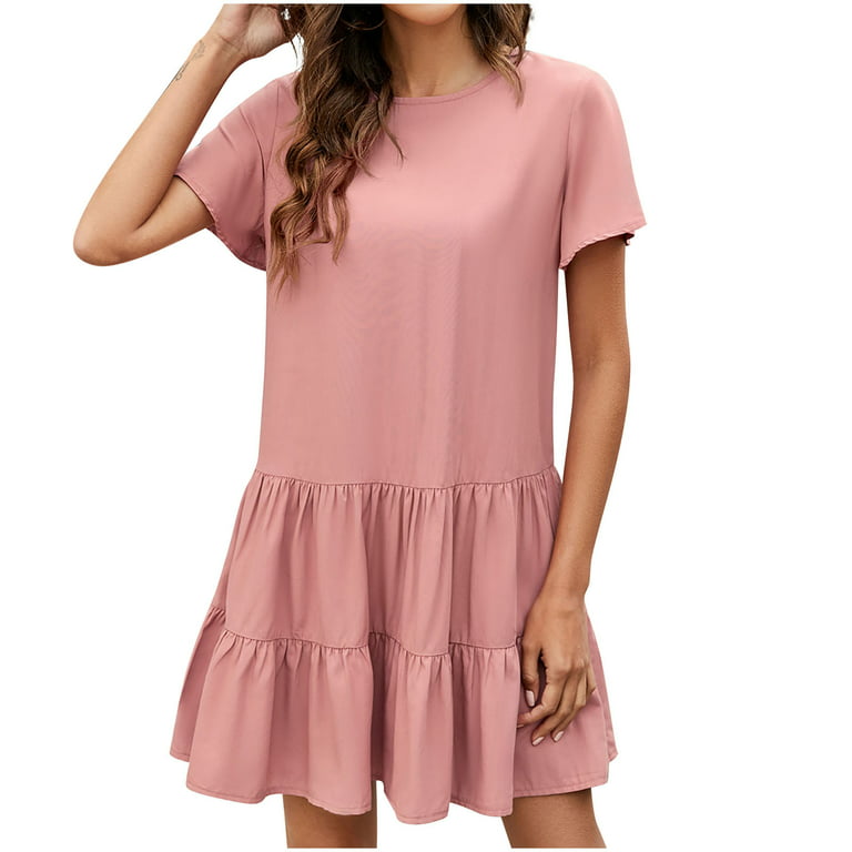 Cethrio Womens Dresses- Summer New Crew Neck Short Sleeve Casual Dress  Temperament A-line Skirt Pink 