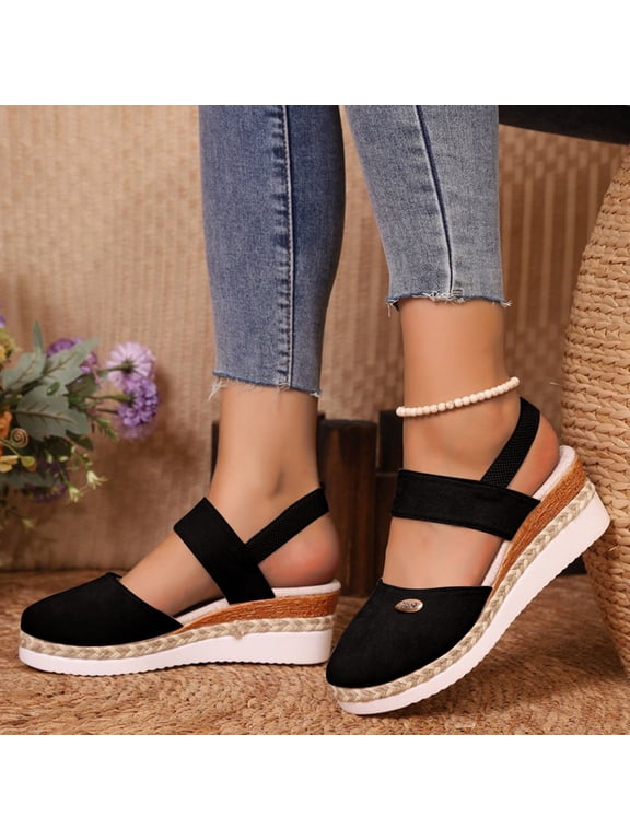 Womens Espadrilles, Summer Ankle Strap 2025 Closed Toe Wedge Sandals Black Size 8.5
