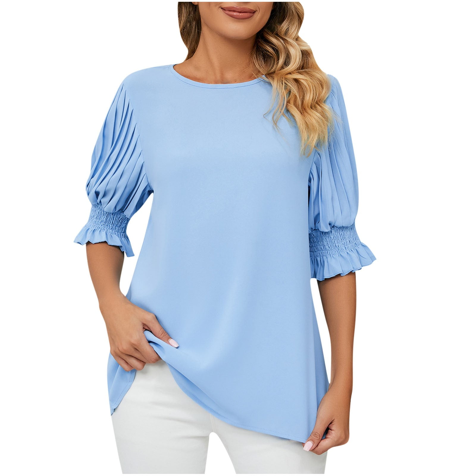 Cethrio Womens Shirts- Round- Neck Solid Ruffle Princess Sleeve Loose Short  Sleeve Blouse Tops Sky Blue 