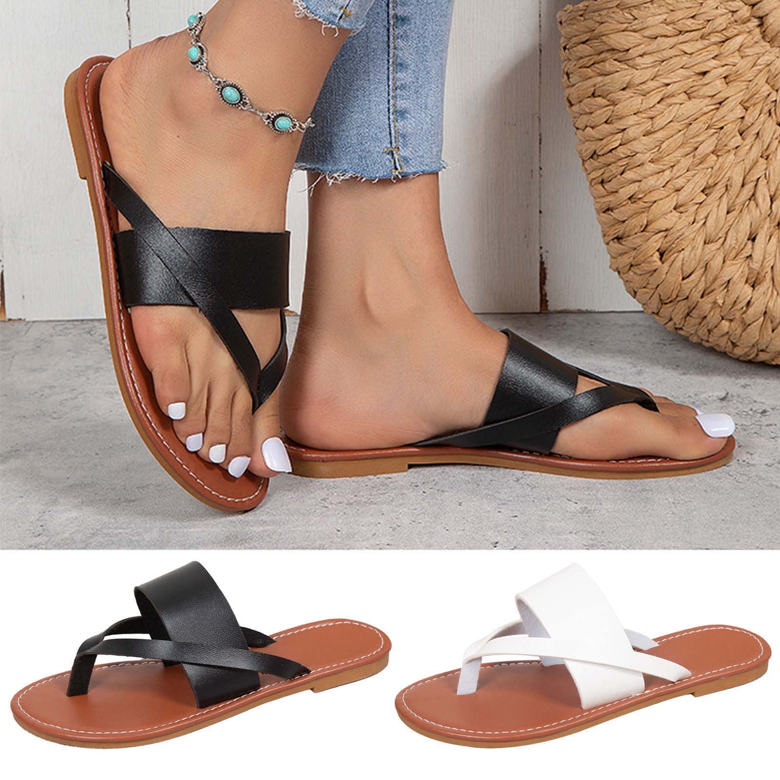 Cethrio Womens Summer Comfort Flats Sandals- on Clearance Wide Width Flat  Beach Slides Sandal Classical Flip Flop Thong White Dressy Sandals/ Slides