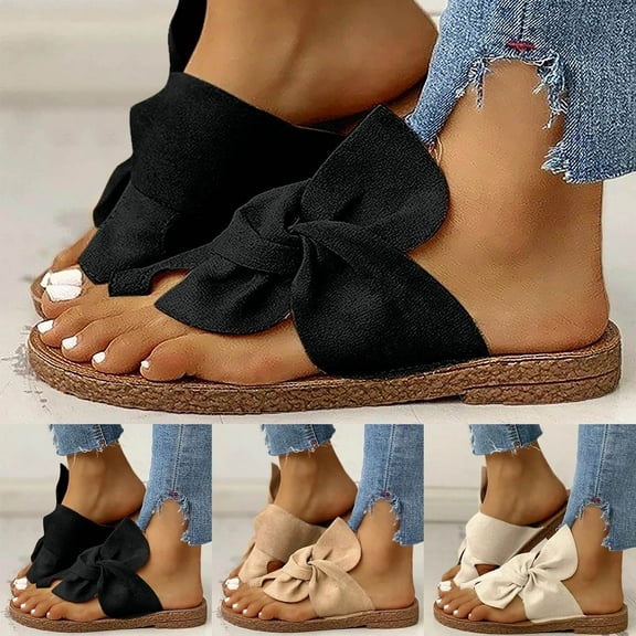 Cethrio Womens Summer Comfort Flats Sandals- Slides Sandal Open Toe Bow Comfy Soles Chunky Heel 2025 Wide Width White Dressy Sandals/ Slides Size 9