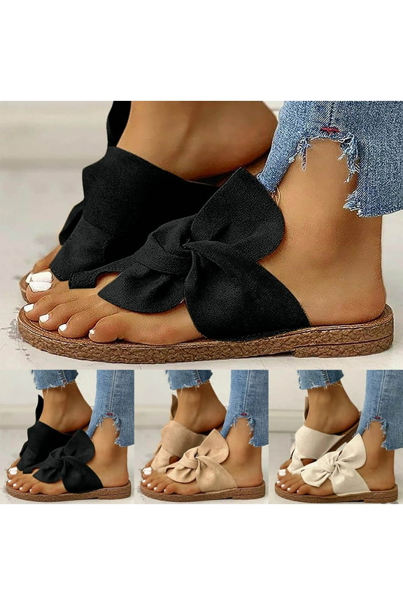Womens Summer Comfort Flats Sandals- Slides Sandal Open Toe Bow Comfy Soles Chunky Heel 2025 Wide Width White Dressy Sandals/ Slides Size 9