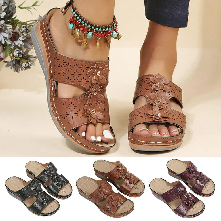 Cethrio Womens Summer Comfort Flats Sandals- Slides Sandal Open Toe Footbed  Wide Width on Clearance Brown Dressy Sandals/ Slides Size 7 