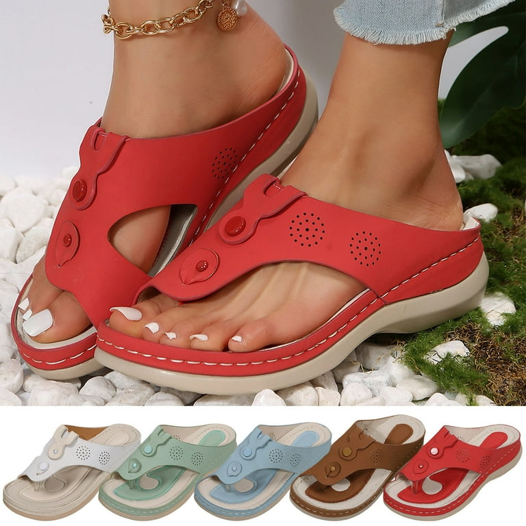 Cethrio Womens Summer Comfort Flats Sandals- Wide Width Flat Beach Slides  Sandal Flip Flops Footbed Wedge on Clearance Red Dressy Sandals/ Slides  Size 6.5 