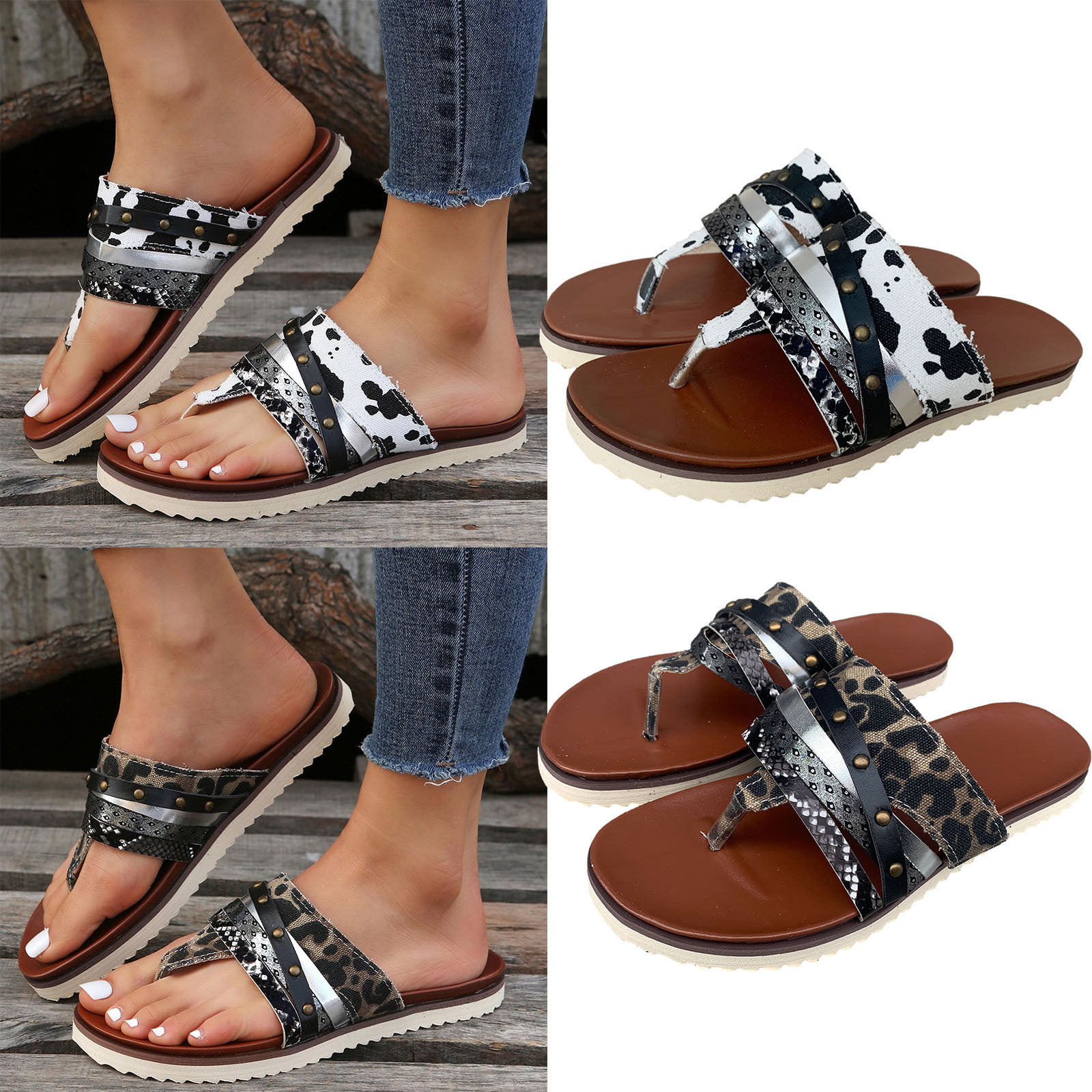 Cethrio Womens Summer Flats Sandals- Slides Sandal Round Toe on