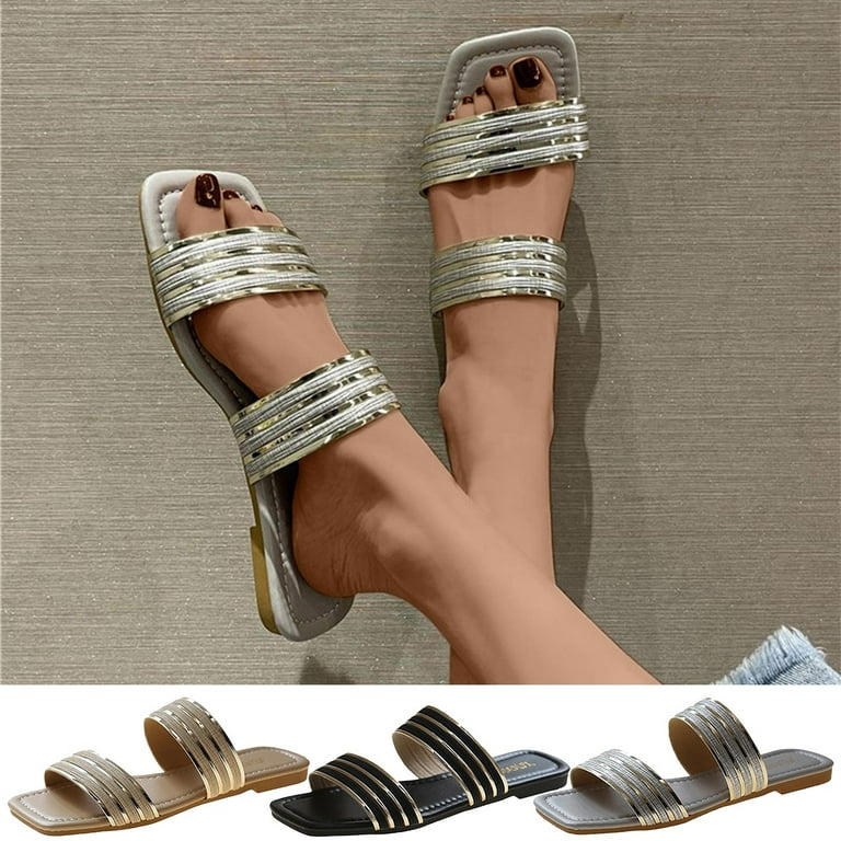 Cethrio Womens Summer Comfort Flats Sandals- Wide Width on Clearance Flat  Beach Slides Sandal Gray Dressy Sandals/ Slides Size 6.5 