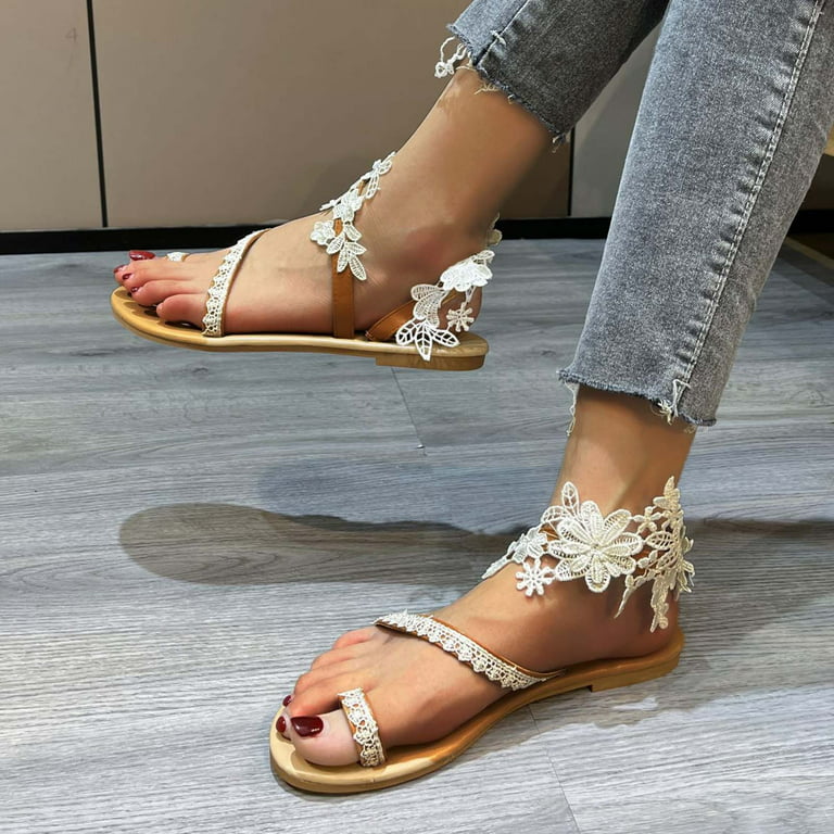 Cethrio Womens Summer Comfort Flats Sandals- Wide Width on Clearance Flat  Flower Clip-Toe Round Toe Lace White Dressy Sandals/ Slides Size 7 