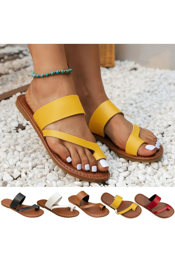 Womens Summer Comfort Flats Sandals- 2025 Flat Slides Sandal Flip Flops Clip-Toe Wide Width Yellow Dressy Sandals/ Slides Size 9