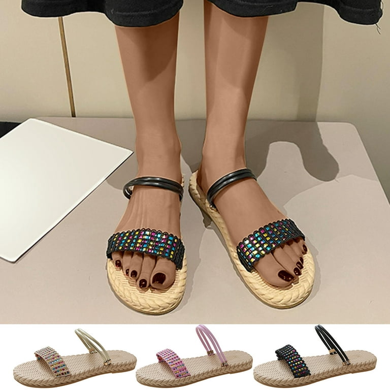 Cethrio Womens Summer Comfort Flats Sandals- on Clearance Slides Sandal  Espadrille Wide Width Black Dressy Sandals/ Slides Size 5.5 