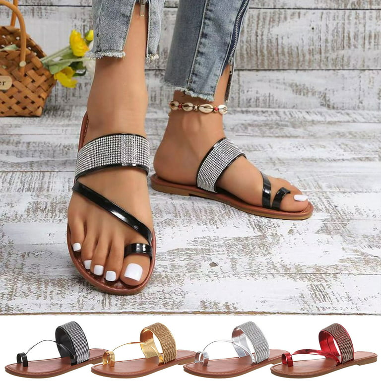 Cethrio Womens Summer Comfort Flats Sandals- on Clearance Wide Width Flat  Slides Sandal Flip Flops Clip-Toe Silver Dressy Sandals/ Slides Size 4.5