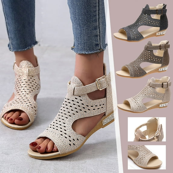 Cethrio Womens Summer Comfort Flats Sandals- with Rhinestone Roman Fish Mouth Hollow Wide Width Black Dressy Sandals/ Slides Size 7