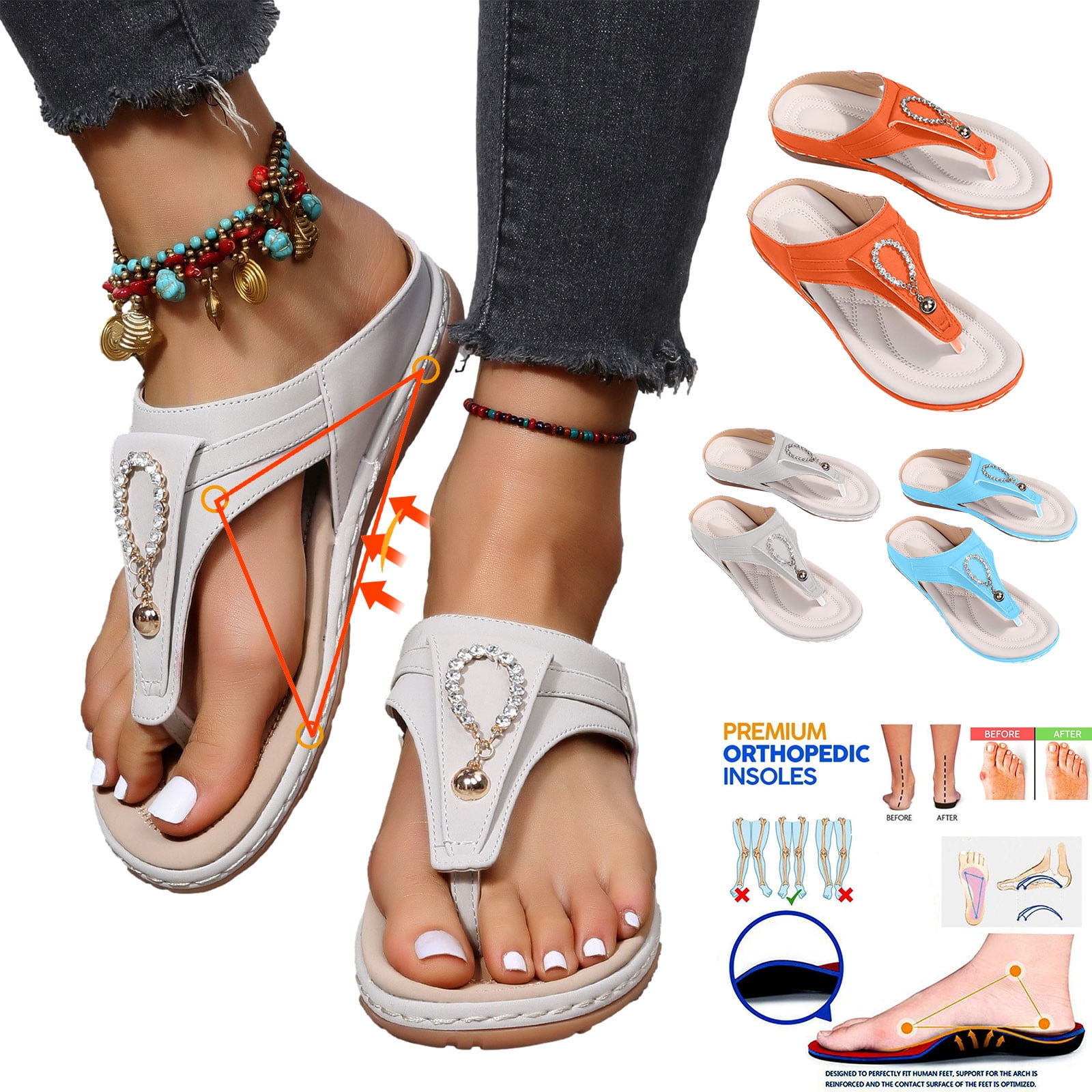 Cethrio Womens Summer Flats Sandals- on Clearance Wide Width Slides Sandal  with Rhinestone Flip Flops Round Toe Flip Flop Thong Chunky Heel Orange  Dressy Sandals/ Slides Size 8.5 