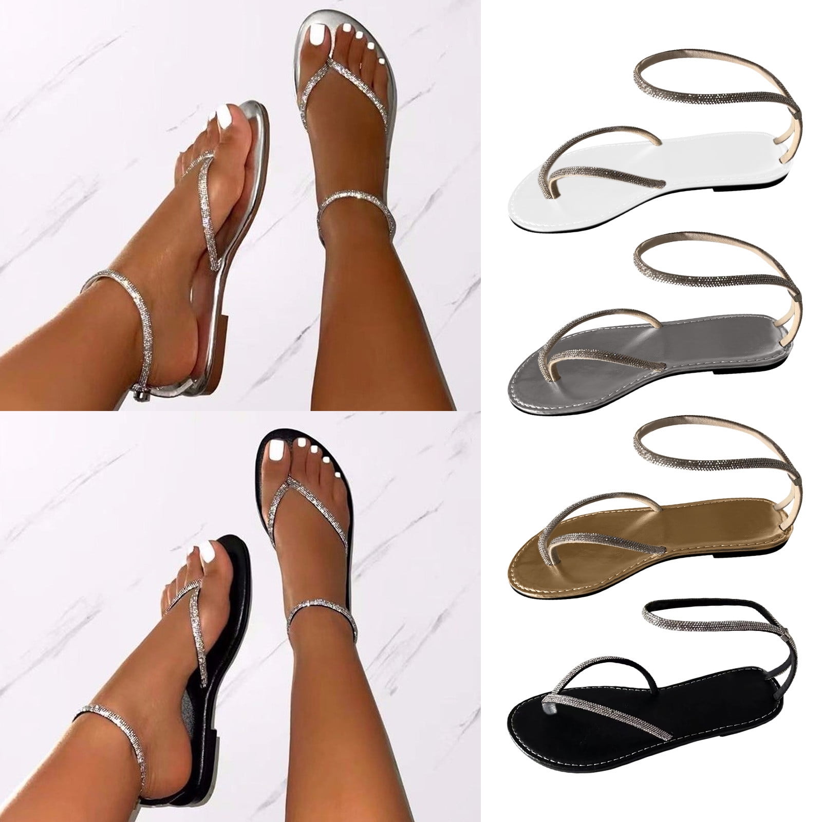 Cethrio Womens Summer Flats Sandals- Flat with Rhinestone Flip Flops Sling  on Clearance Wide Width Silver Dressy Sandals/ Slides Size 5.5 