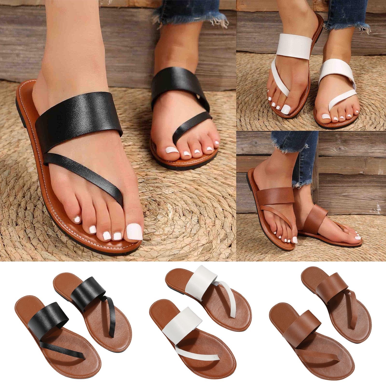 Cethrio Womens Summer Flats Sandals- Wide Width Slides Sandal Flip Flops  Comfy Soles on Clearance White Dressy Sandals/ Slides Size 6