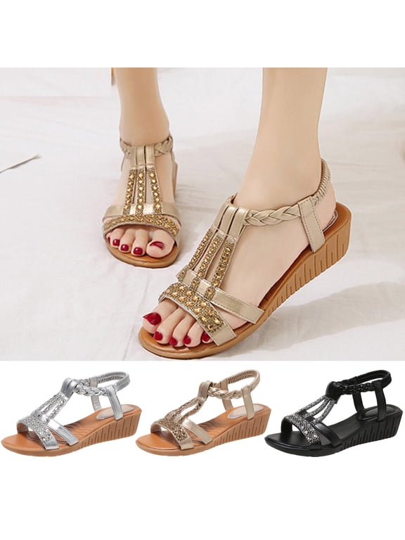 Womens Summer Flats Sandals- Wide Width 2025 with Rhinestone Roman Boho Black Dressy Sandals/ Slides Size 9.5