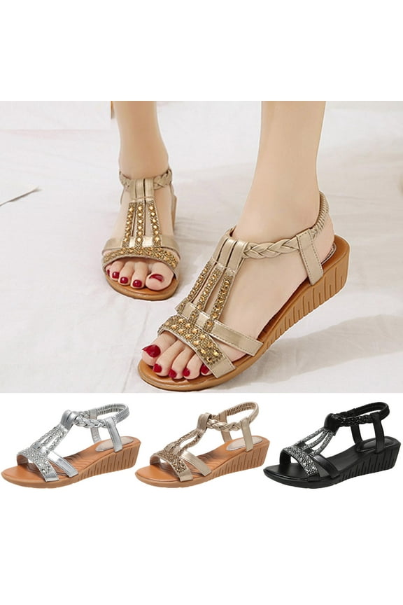 Womens Summer Flats Sandals- Wide Width 2025 with Rhinestone Roman Boho Black Dressy Sandals/ Slides Size 9.5