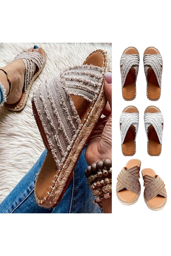 Womens Summer Flats Sandals- 2025 Flat Slides Sandal Wide Width Brown Dressy Sandals/ Slides Size 7.5