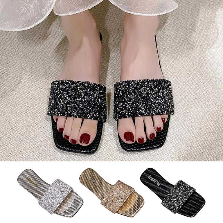Cethrio Womens Summer Comfort Flats Sandals- Wide Width Flat Slides Sandal  Platform on Clearance Gold Dressy Sandals/ Slides Size 5.5