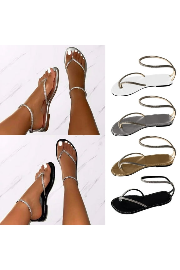 Womens Summer Flats Sandals- 2025 Wide Width Flat with Rhinestone Flip Flops Sling Black Dressy Sandals/ Slides Size 9
