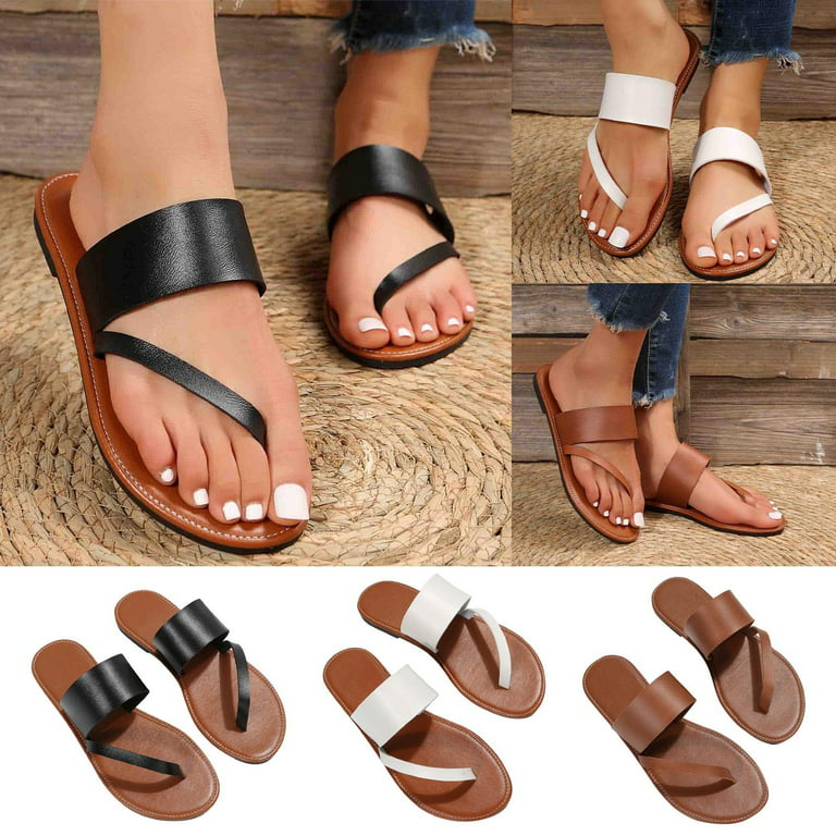 Cethrio Womens Summer Flats Sandals- on Clearance Wide Width Slides Sandal  Flip Flops Comfy Soles Brown Dressy Sandals/ Slides Size 9.5