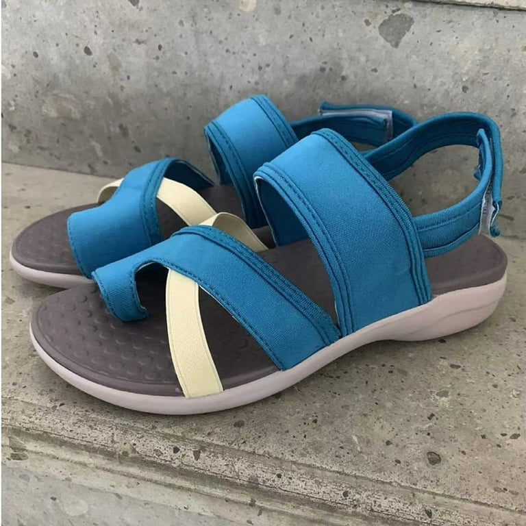 Cethrio Womens Summer Flats Sandals- with Pockets on Clearance Beach Velcro  Wide Width Dark Blue Dressy Sandals/ Slides Size 5.5 