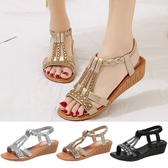 Cethrio Womens Summer Flats Sandals- with Rhinestone Roman Boho 2025 Wide Width Silver Dressy Sandals/ Slides Size 7
