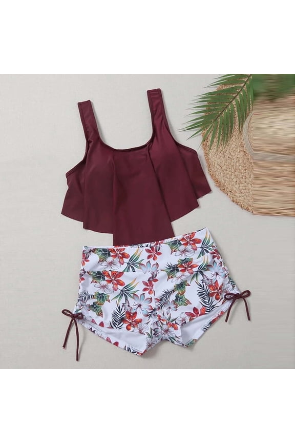 Womens Swimsuit Sets, 2 Piece Sleeveless Quick Dry Summer Bathing Suits Wine Size L