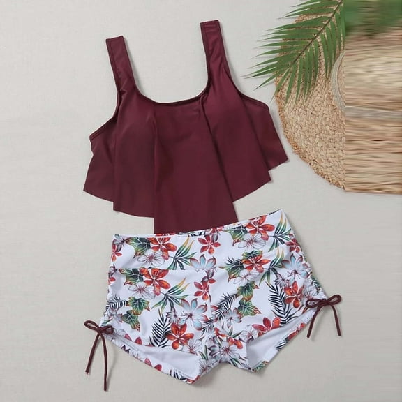 Cethrio Womens Swimsuit Sets, Quick Dry Sleeveless 2 Piece Summer Bathing Suits Wine Size M