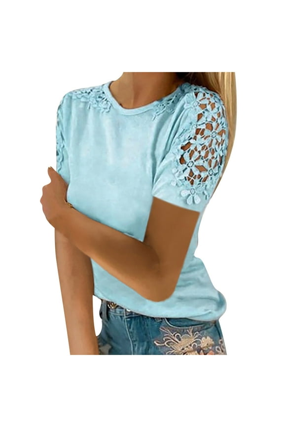Womens T Shirts- Ladies Solid Short Sleeve O-neck Pullover Lace Blouse Tops Blue