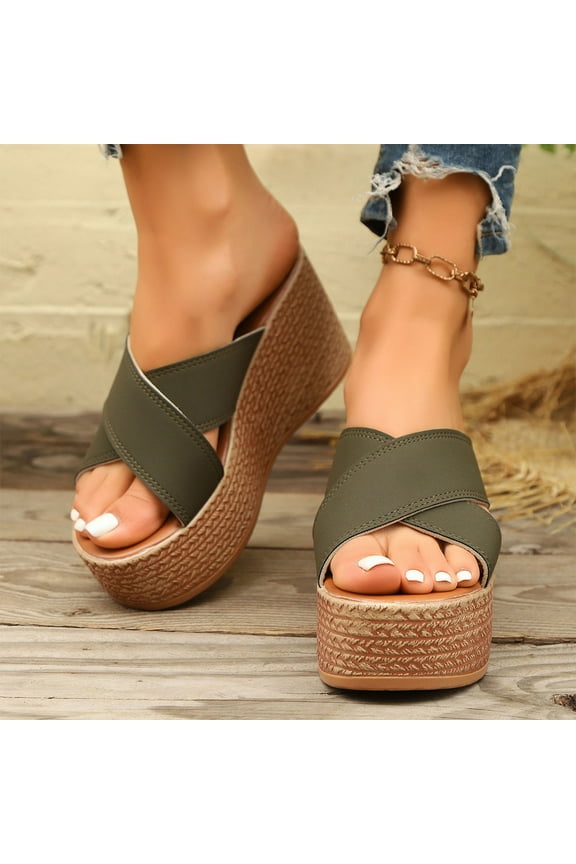 Womens Wedge Sandals, Fashion Summer Open Toe Slip On Womens Footwear Army Green Size 6