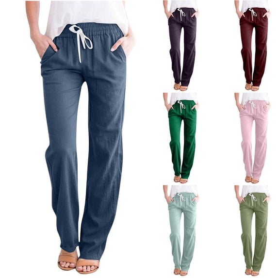 Cethrio Womens Wide Leg Pants Solid Clearance High Rise with Pockets Navy Juniors Length Pant Size 3XL