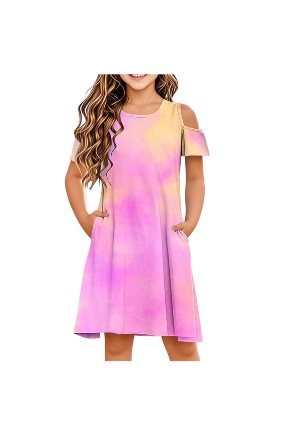 Toddler Girls Summer Dresses,Tie Dye Casual OffThe Shoulder Midi Dresses Hot Pink Size 5-6T