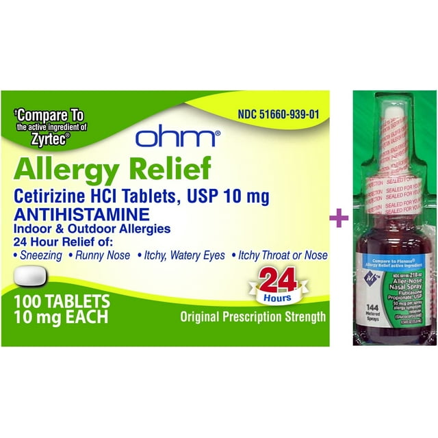 Cetirizine 10mg NonDrowsy Allergy Relief Tablets Antihistamine (56 Ct.) Plus MM Fluticasone