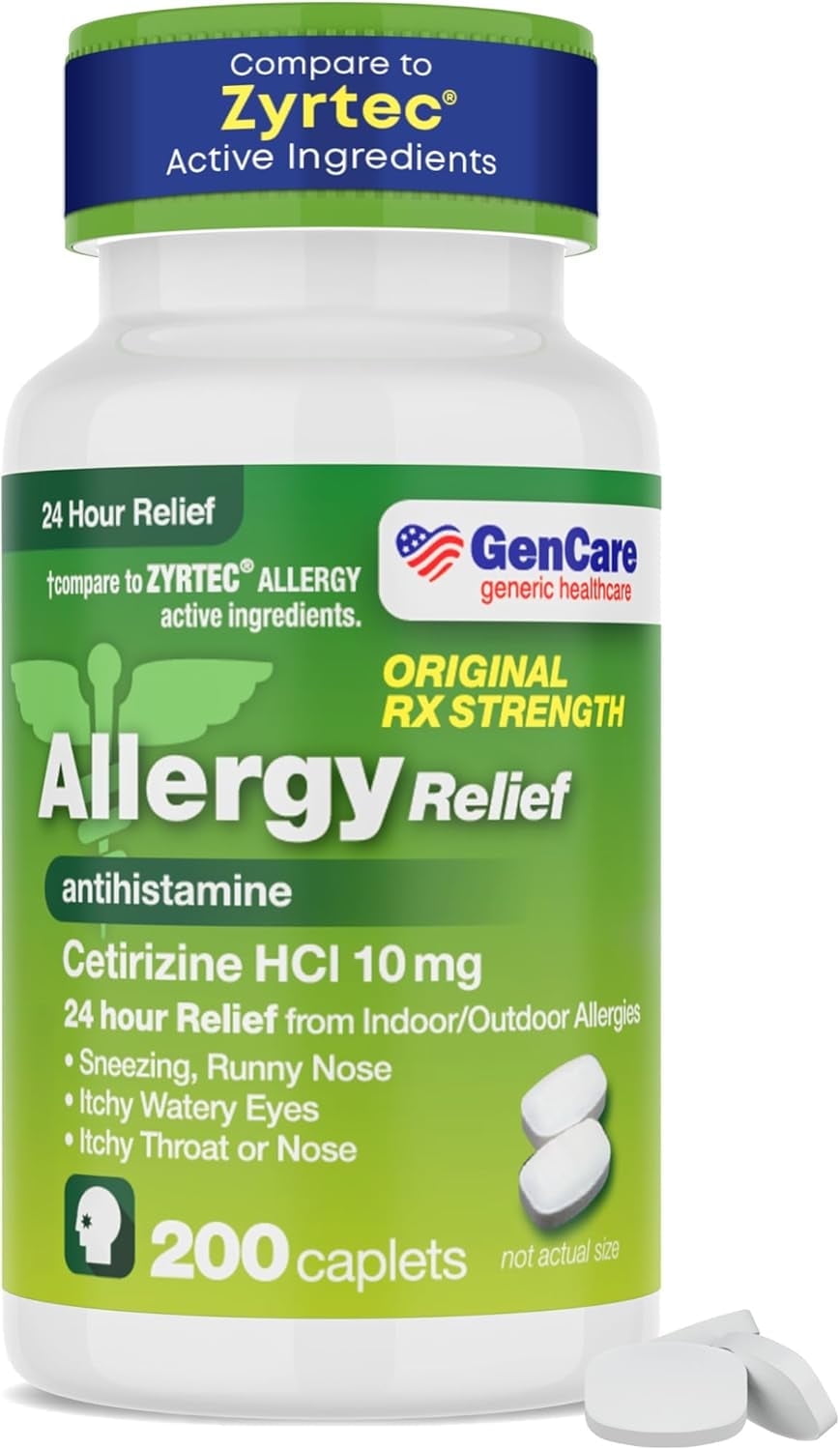 GenCare 24 Hour Allergy Relief Tablets Antihistamine Cetirizine HCl 10 mg, 200 Caplets