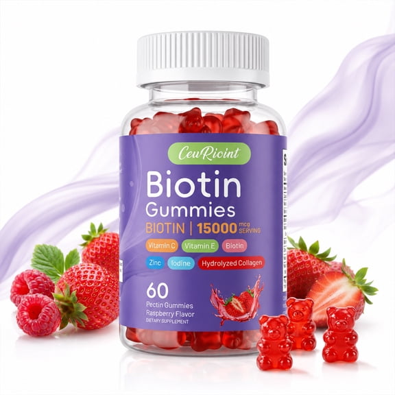 CeuRioint Biotin Gummies 15000mcg, All-in-One Hair Skin Nails Vitamins with Collagen Vitamin C E Zinc Iodine, Raspberry Flavor Pectin Beauty Supplement, 60 Count Gummy Bears for Women