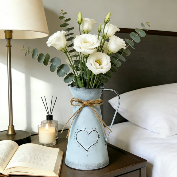 Cevemin 1.6L Wrought Iron Heart Shaped Pattern Slanted Mouth Flower Pot Vase with Handle for Home Garden Decoration