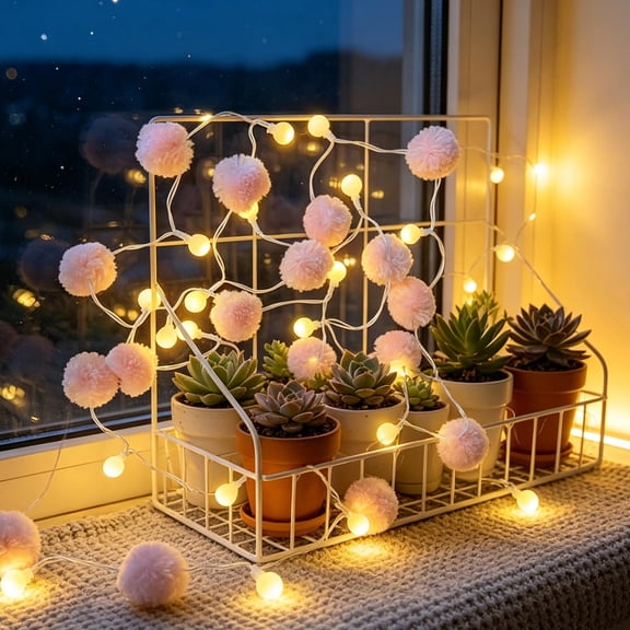 Cevemin 1.8m 20 Bulb Fuzzy Pompon Yarn Ball LED String Lights Multicolor Pink Battery Powered, Bendable Copper Wire Lamp for Bedroom Tent Birthday Holiday Decor