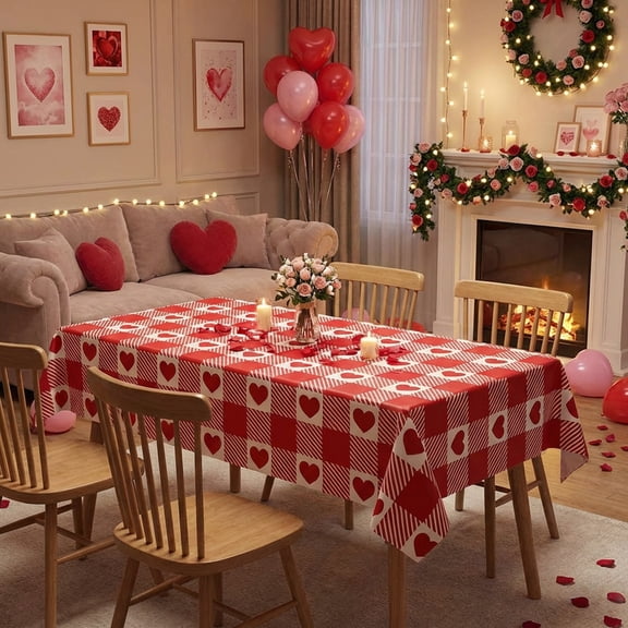 Cevemin 1-Pack Valentine's Day Plastic Tablecloth 54x108 Inches Red Heart Patterns - Waterproof Party Table Cover for Romantic Decorations and Gatherings