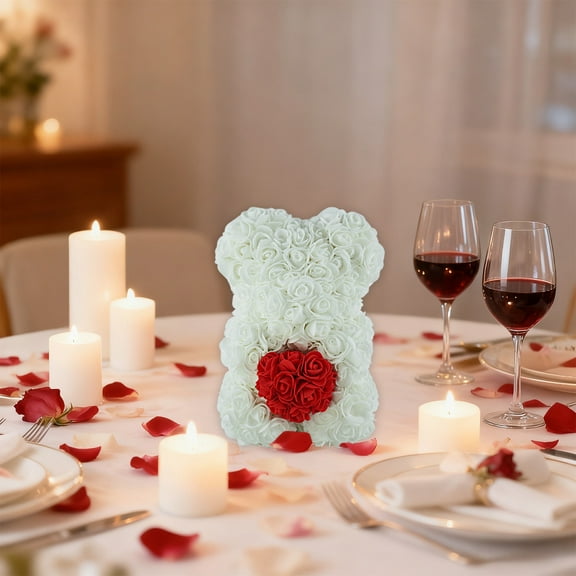 Cevemin 1 Pc Valentine's Day Plastic Rose Heart Bear - Decorative Love Bear with Fake Flowers for Home Office Decoration, Romantic Gift